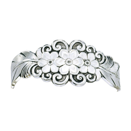 Antiqued Silver Flower & Feather Spray Cuff Bracelet