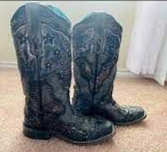 Corral Boots Ladies Black Starry Overlay & Embroidery Studs Sq. Toe
