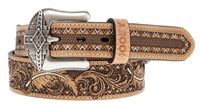 Hooey War Paint Tapered Natural Leather Feather & Filigree Embossed Belt