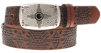 Hooey Dakota Brown Leather Black Aztec Embossed & Copper Thunderbird Belt